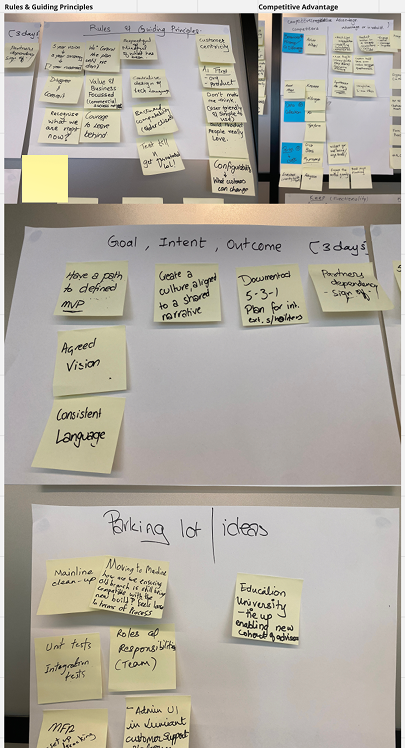 Workshop board with goals, rules, and ideation clusters