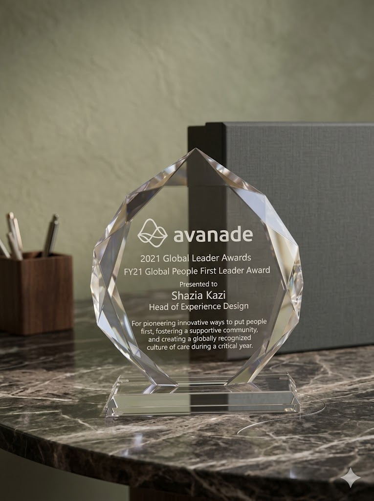 Avanade 2021 Global People First Leader Award presented to Shazia Kazi, Head of Experience Design, on marble — pioneering people-first culture and community.