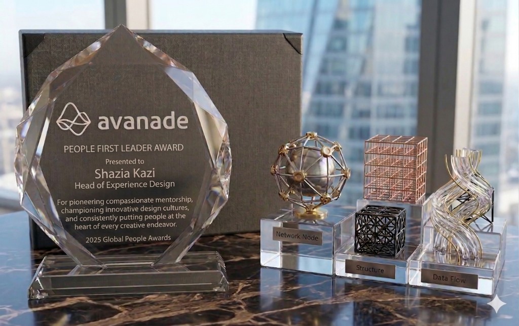 Avanade 2025 Global People Awards — People First Leader Award presented to Shazia Kazi, Head of Experience Design, with companion recognition pieces on marble in a city office.