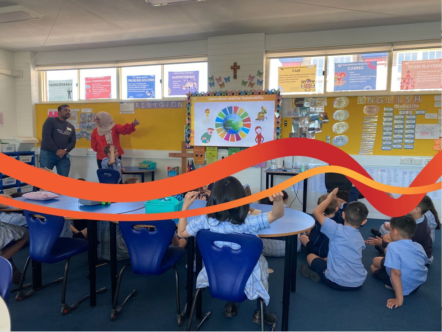 Classroom session for primary students with presenters and a screen about sustainability learning.